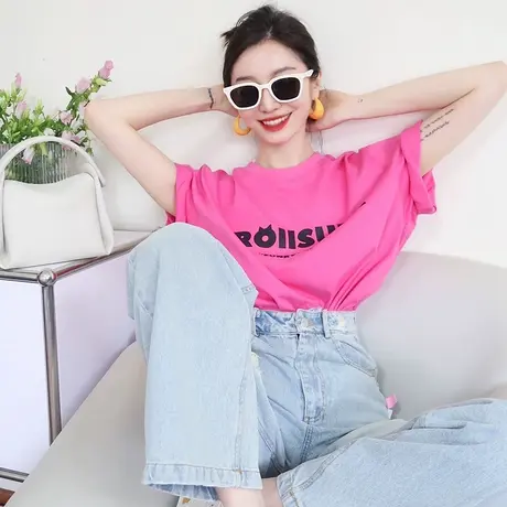 2023年新款火龙果色宽松纯棉t恤女夏季短袖别致正肩体恤上衣ins潮商品大图