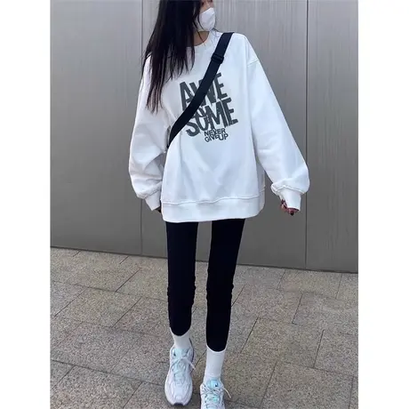 白色纯棉卫衣女圆领中长款秋冬2023新款爆款外套韩系慵懒风上衣潮商品大图