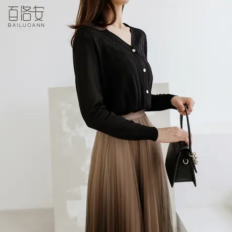 百洛安长袖宽松针织衫女秋装新款纯色简约百搭开衫上衣短款薄外套图片