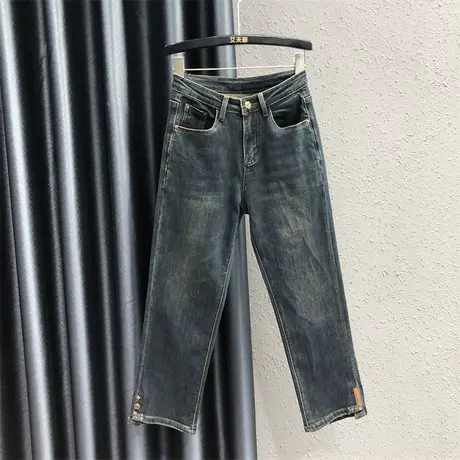 个性贴标欧货潮流复古烟管裤2023女秋新款修身显瘦九分牛仔直筒裤图片