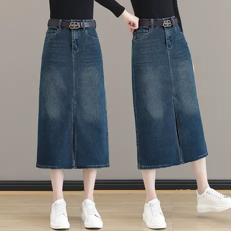 深色牛仔半身裙女复古开叉2023新款中长款高腰显瘦包臀裙一步裙图片
