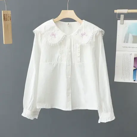 蕾丝花边娃娃领白色衬衫女长袖休闲上衣设计感小众别致刺绣衬衣棉图片