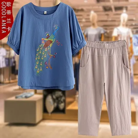 大码妈妈夏装短袖休闲套装宽松洋气刺绣中老年女装棉麻t恤两件套商品大图