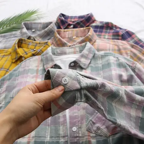 港味格子衬衫女春装2020新款宽松韩版原宿学生复古磨毛衬衣外套潮商品大图