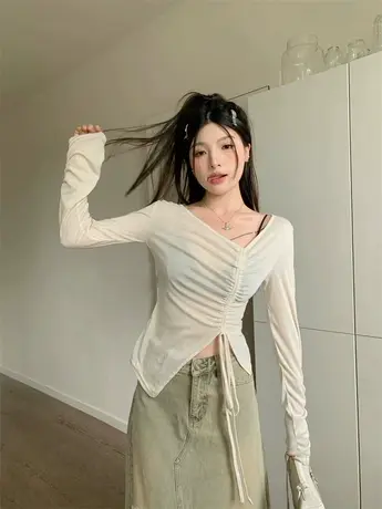 白色长袖t恤女装夏季不规则设计感小众薄款抽绳防晒罩衫上衣外搭图片