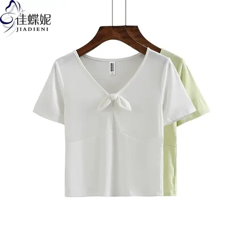 夏季纯白修身V领显瘦短袖体恤上衣韩版女装纯色内搭T恤高腰网红款商品大图