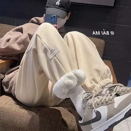 羊羔绒裤子女秋冬季加绒加厚宽松显瘦大码潮牌运动裤束脚卫裤ins图片