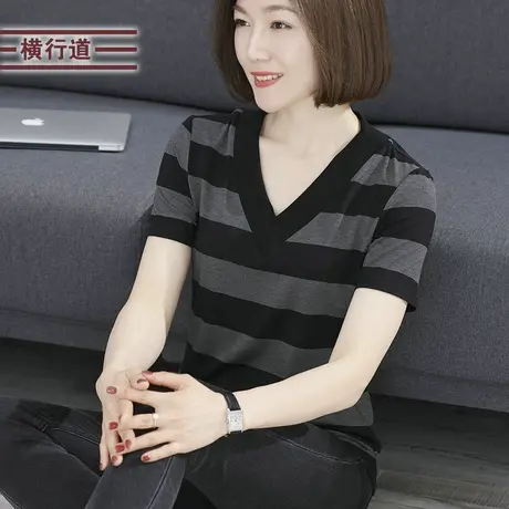 半袖百搭上衣夏2023新款年夏装条纹V领短袖t恤女大码中年妈妈胖MM商品大图