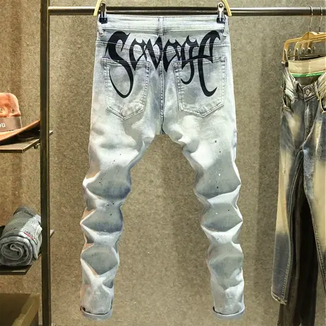 高街泼墨设计牛仔裤男款潮牌个性印花修身长裤2023百搭休闲小脚裤商品大图