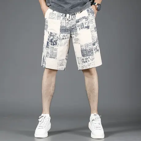 休闲短裤男2023夏季新款杏色潮牌宽松直筒男士时尚印花沙滩五分裤商品大图