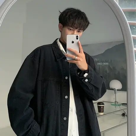 黑色美式牛仔外套男秋季复古翻领工装夹克ins潮牌情侣款休闲上衣商品大图