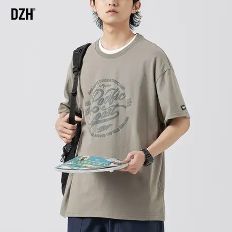 男生绿色短袖t恤男夏季纯棉宽松五分袖2023新款半袖男款圆领体恤商品大图