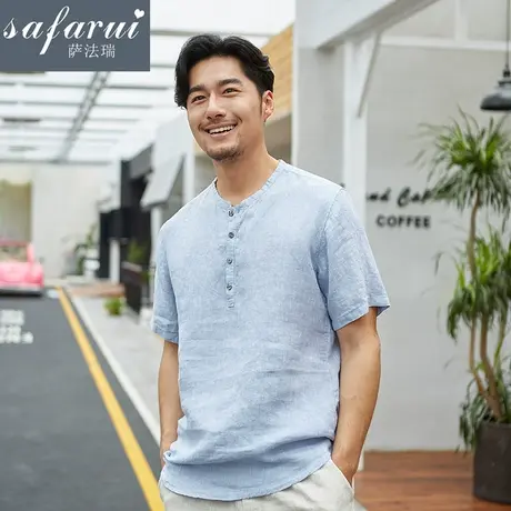 亚麻短袖男t恤宽松立领男装上衣大码男士棉麻白衬衫半袖夏季薄款商品大图