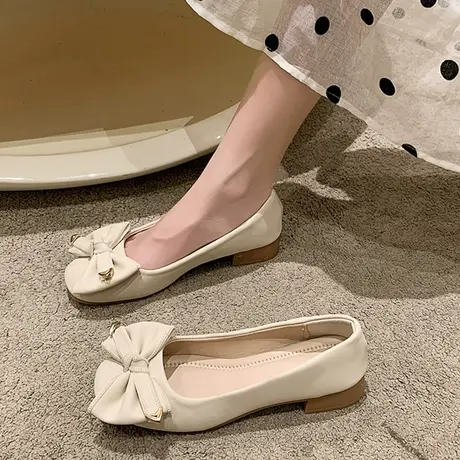 平底晚晚风温柔豆豆鞋女2023春新款软底一脚蹬百搭浅口蝴蝶结单鞋商品大图