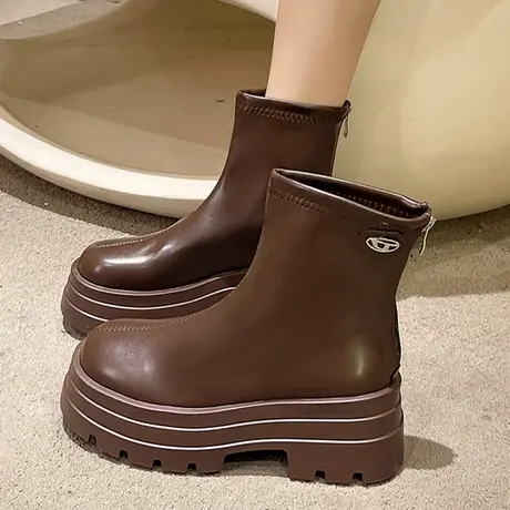 韩版弹力短靴子女鞋子2023秋季新款松糕厚底套筒大头瘦瘦靴马丁靴图片