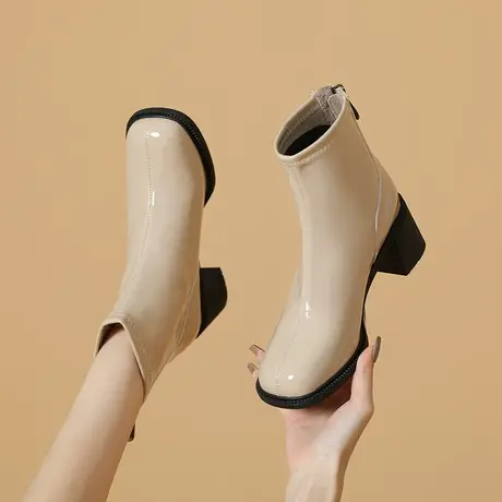 英伦风马丁靴女2023年冬季新款高跟短靴时尚弹力百搭后拉链瘦瘦靴商品大图