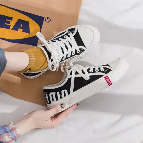 鞋子女2020新款黑色帆布鞋女夏复古港味低帮夏季薄款学生百搭潮鞋商品大图