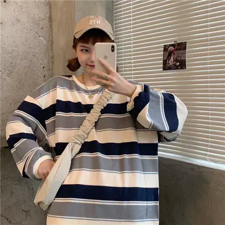 胖mm春秋季大码女装韩版条纹T恤ins潮宽松圆领长袖卫衣200斤上衣商品大图