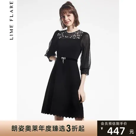 专柜莱茵奥莱春新款连衣裙设计感小众赫本风小黑裙拼接通勤别致图片