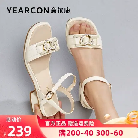 意尔康凉鞋女2023年新款夏季一字带上班简约中跟露趾时装粗跟凉鞋商品大图