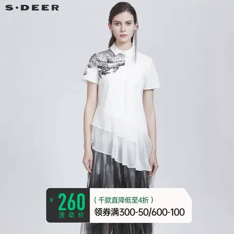 sdeer圣迪奥夏装上衣女翻领撞色国风印花雪纺拼接衬衫S21280413商品大图