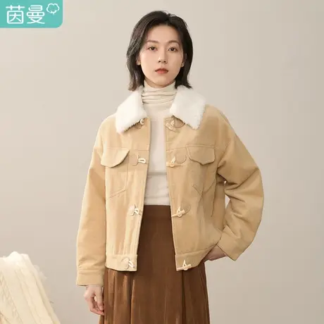 茵曼2023冬女装新款复古拼接毛领牛角扣百搭灯芯绒宽松外套上衣图片
