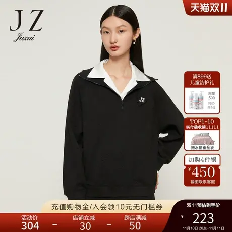 JZ玖姿插肩袖黑色长袖卫衣女装2022秋季新款翻领小众设计感上衣图片
