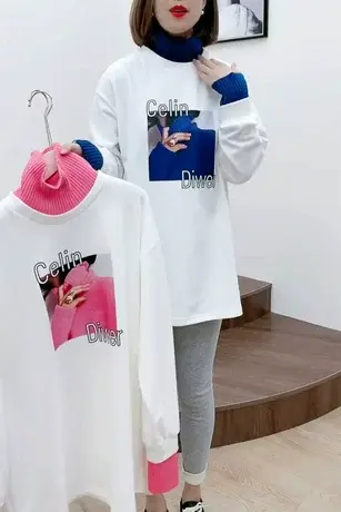 秋冬新款宽松假两件高领打底衫女磨毛加厚欧货印花白T恤中长款潮商品大图