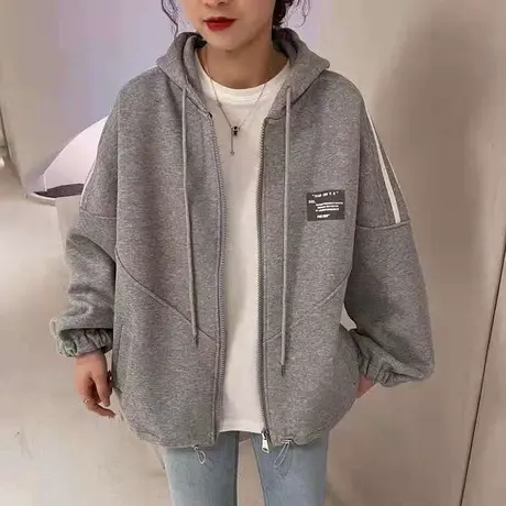 连帽短外套女春秋百搭小个子韩版2023新款灰色休闲运动卫衣ins潮商品大图