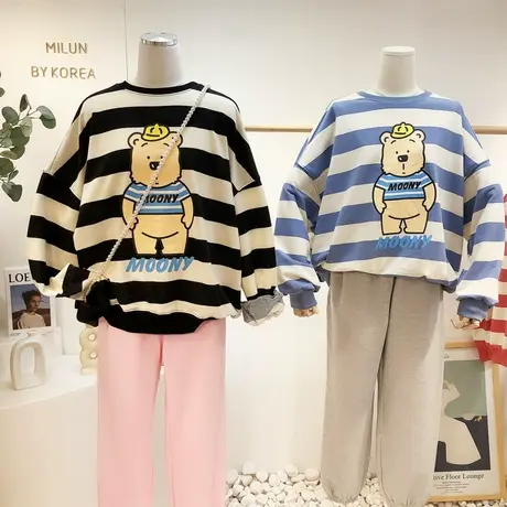 韩国东大门卫衣2021早秋季新款ins卡通宽松条纹长袖卫衣休闲大码图片