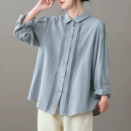 dza 复古白色亚麻上衣女士衬衫2023新款宽松棉麻衬衣休闲外搭开衫商品大图