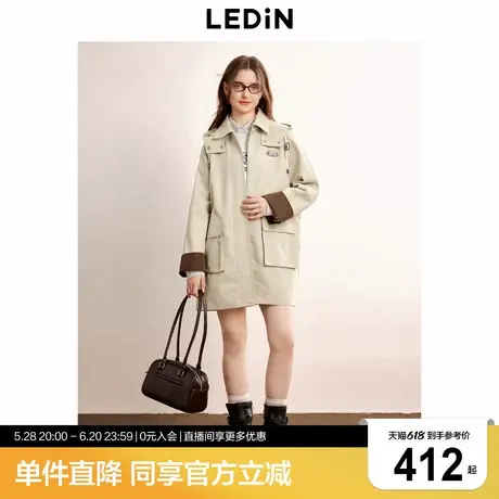 乐町中长款气质风衣秋季新款连帽大口袋撞色袖口韩系宽松外套商品大图