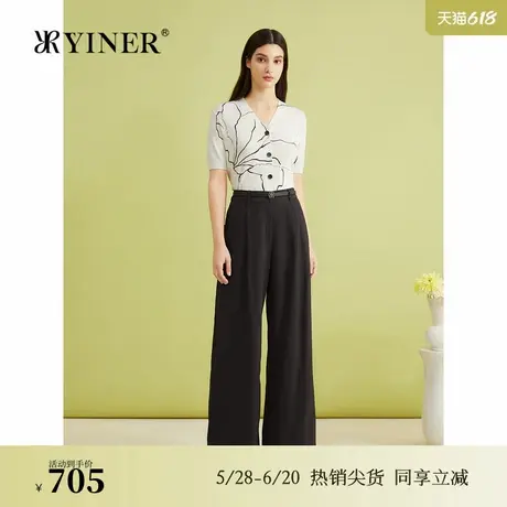 YINER音儿专选夏季时尚上衣艺术鸢尾图案V领针织开衫图片