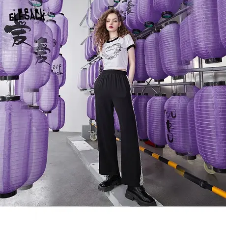 妖精的口袋黑色高腰阔腿裤女2023秋季新款宽松直筒裤休闲薄款长裤图片