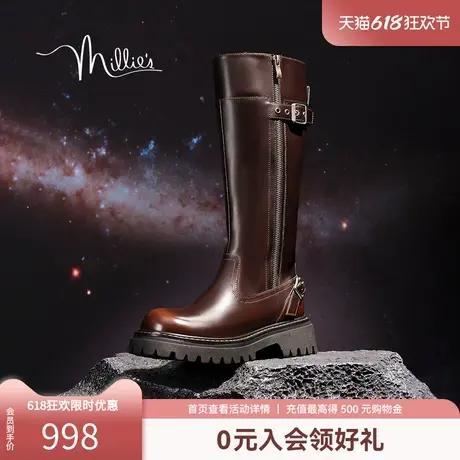 妙丽机能骑士靴2025春复古擦色牛皮时尚显瘦长靴女高筒靴D60W3DG4商品大图