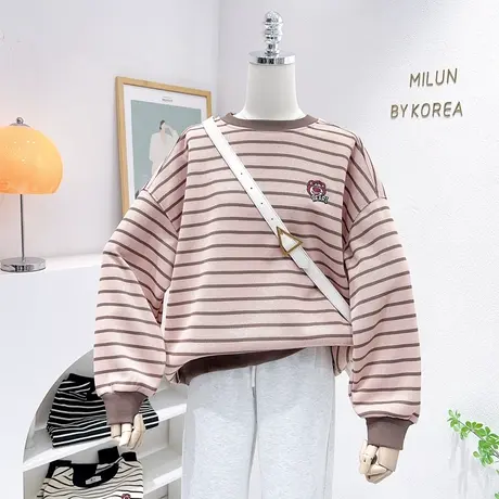 韩国东大门小熊上衣2023早春新款百搭长袖条纹卫衣套头宽松休闲女商品大图