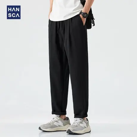 hansca山本皱感超柔软直筒休闲裤男款夏季薄款透气黑色锥形长裤子商品大图