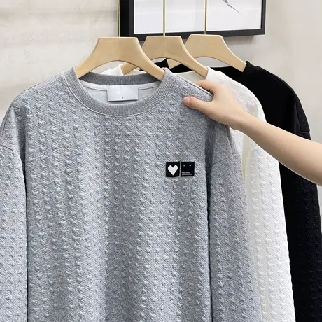 肌理暗纹春秋季长袖卫衣休闲圆领白色打底青年体恤韩版长袖t恤男商品大图