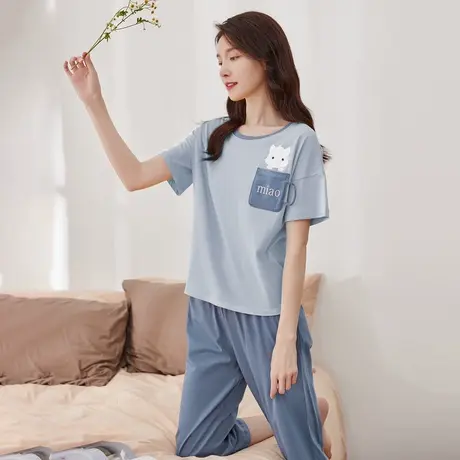 顶瓜瓜纯棉睡衣女夏季猫咪印花套头女士薄款可外穿圆领宽松家居服商品大图