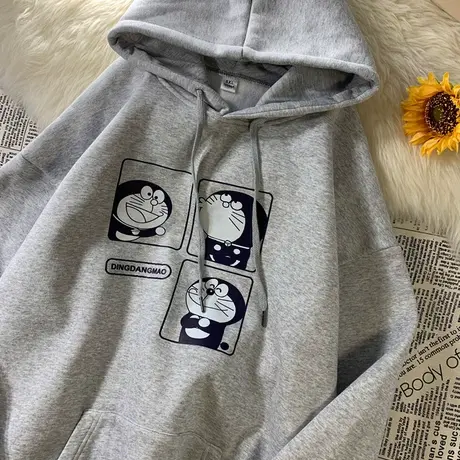 oversize大码哆啦A梦ulzzang灰色卫衣女秋宽松慵懒风连帽外套ins图片