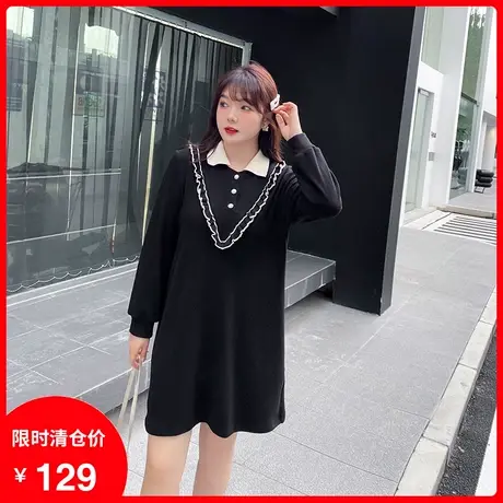 2023秋新款翻领减龄甜美气质胖MM连衣裙针织弹力显瘦大码小黑裙图片