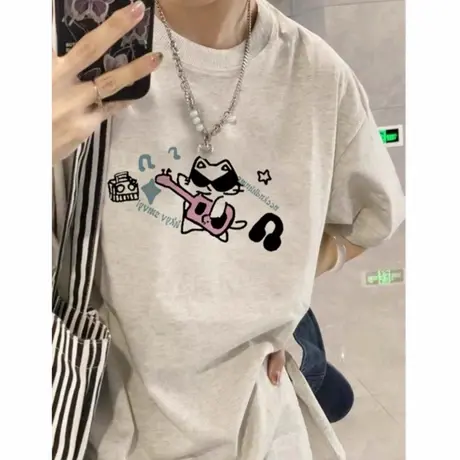 美式复古白灰色纯棉短袖t恤女2025新款夏季宽松韩系落肩半袖上衣图片
