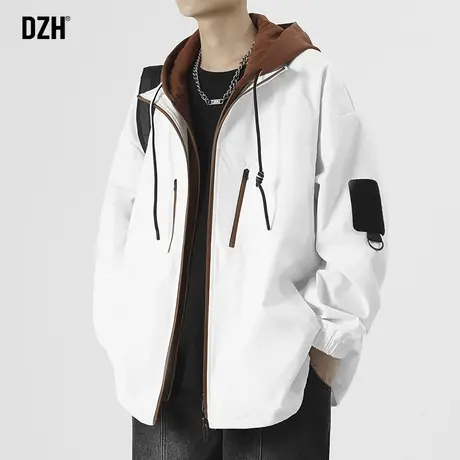 男士白色假两件外套男春秋潮牌宽松男装2023新款连帽夹克百搭上衣商品大图