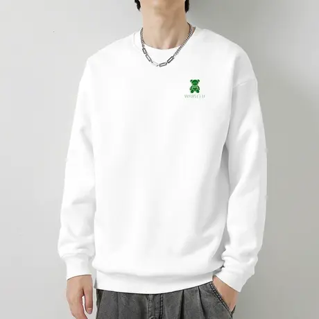 重磅纯棉白色卫衣男2023新款摇粒绒潮流小熊印花圆领无帽上衣长袖商品大图