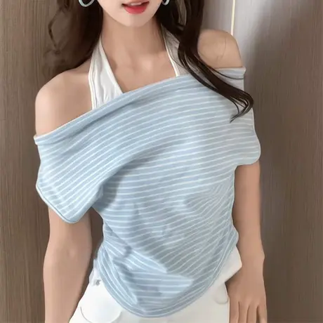 一字肩挂脖假两件短袖T恤女夏季修身韩版设计感小众条纹半袖上衣商品大图