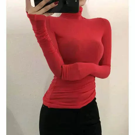 当天发 韩国 被美俘获 糖果色微透薄款高领打底衫紧身秋冬T恤图片