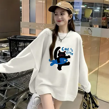 2025早秋新款宽松圆领卫衣女韩版加绒杏色可爱卡通印花百搭上衣潮商品大图