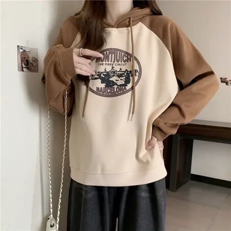 超火cec薄款连帽卫衣女初秋百搭宽松显瘦休闲插肩袖撞色上衣外套商品大图