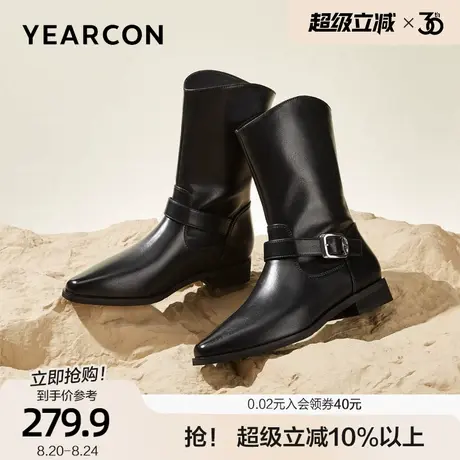 意尔康西部牛仔靴女2025秋冬低跟中筒靴尖头骑士靴V口马丁靴短靴商品大图