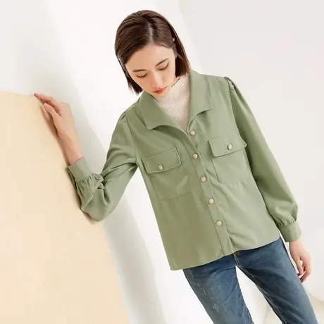 桔熊春秋季通勤V领翻领长袖上衣修身口袋衬衫女装大码AB17632图片